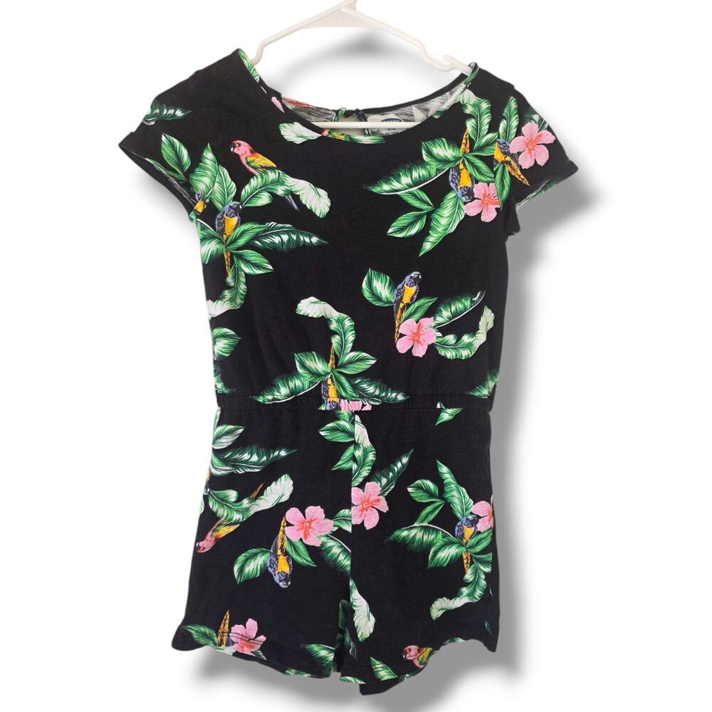 Old Navy Girls XL 14 Black Tropical Bird Floral Shorts Romper 100% Cotton